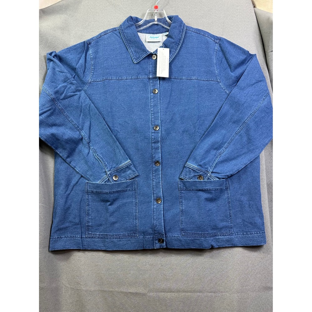 National Women 2X Blue Denim French Terry Button Front Jacket NWT 24497